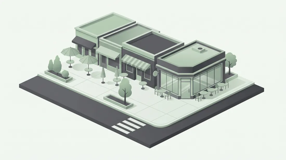 Illustration of a street corner from above with small restaurants, patios and a corner cafe