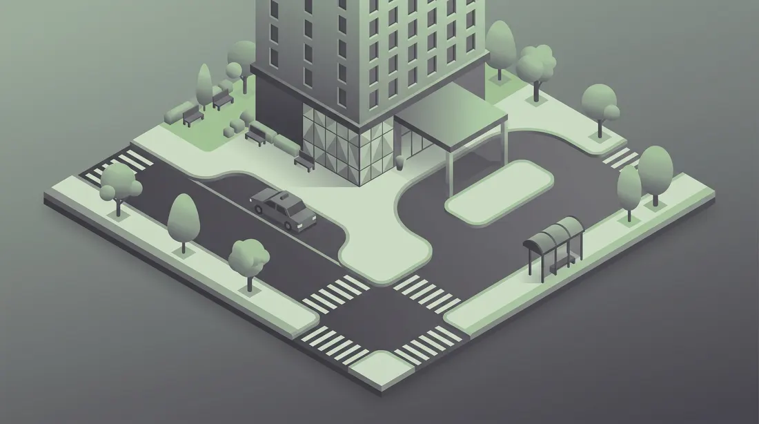 Illustration of a city block from above: a hotel with a covered drop-off lane, a bus shelter and a small park